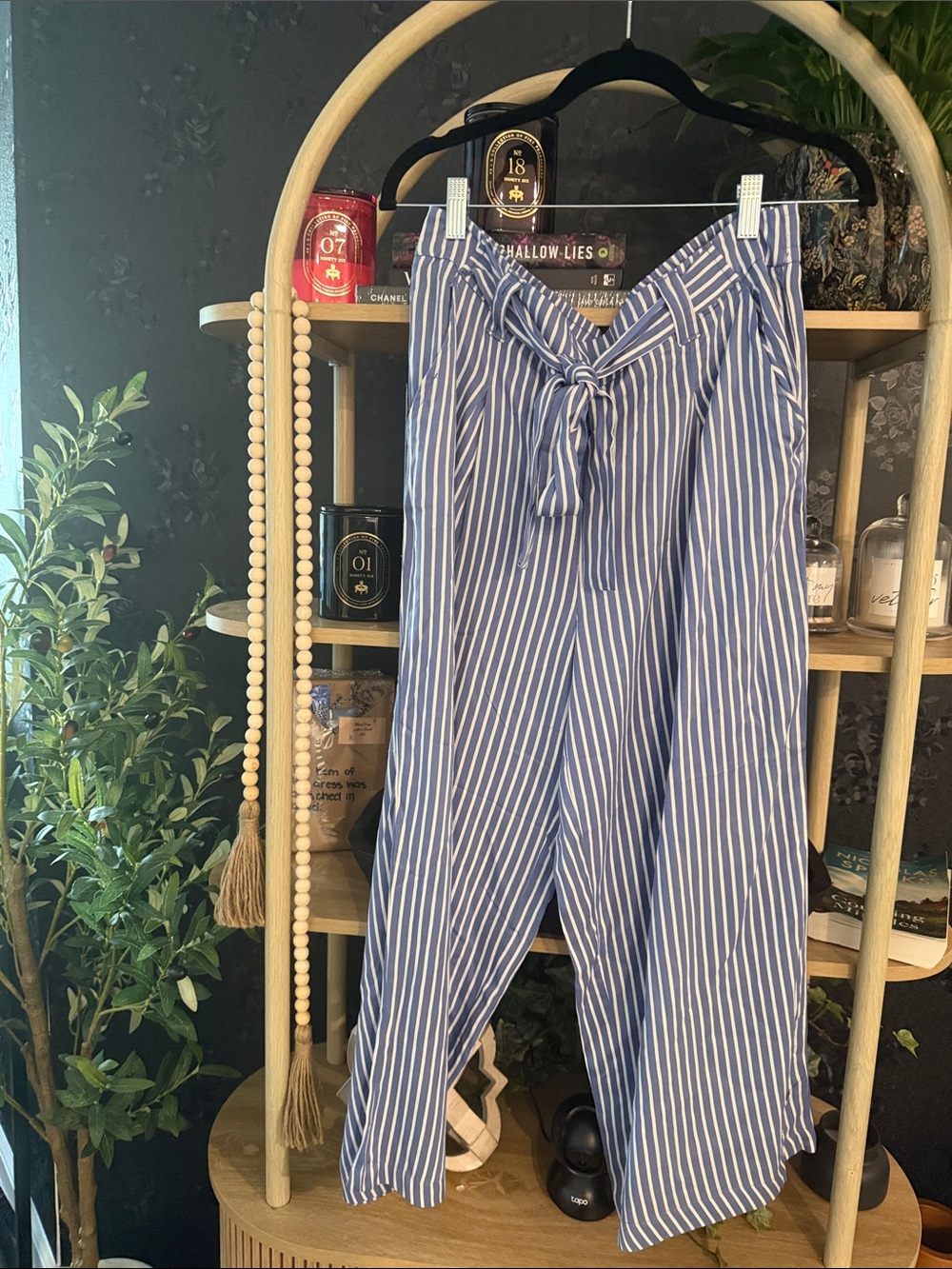 Blue and White Vertical-Stripe Tie-Waist Wide-Leg Pants